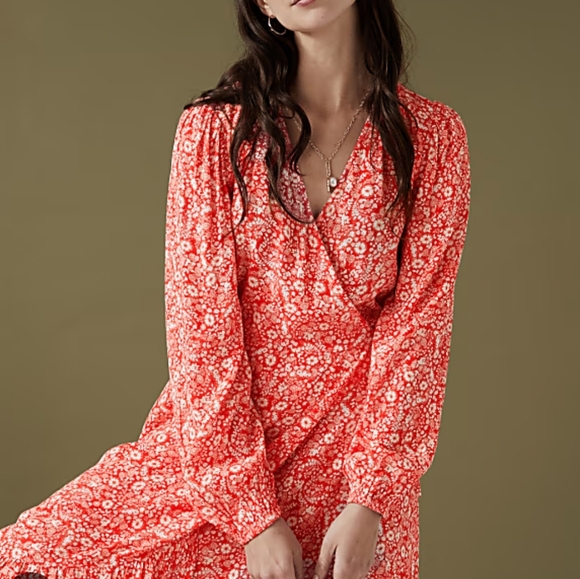 Per Una V Neck Wrap Ditzy Print Floral Red Long Sleeve Midi Dress Size 10 - Picture 1 of 12